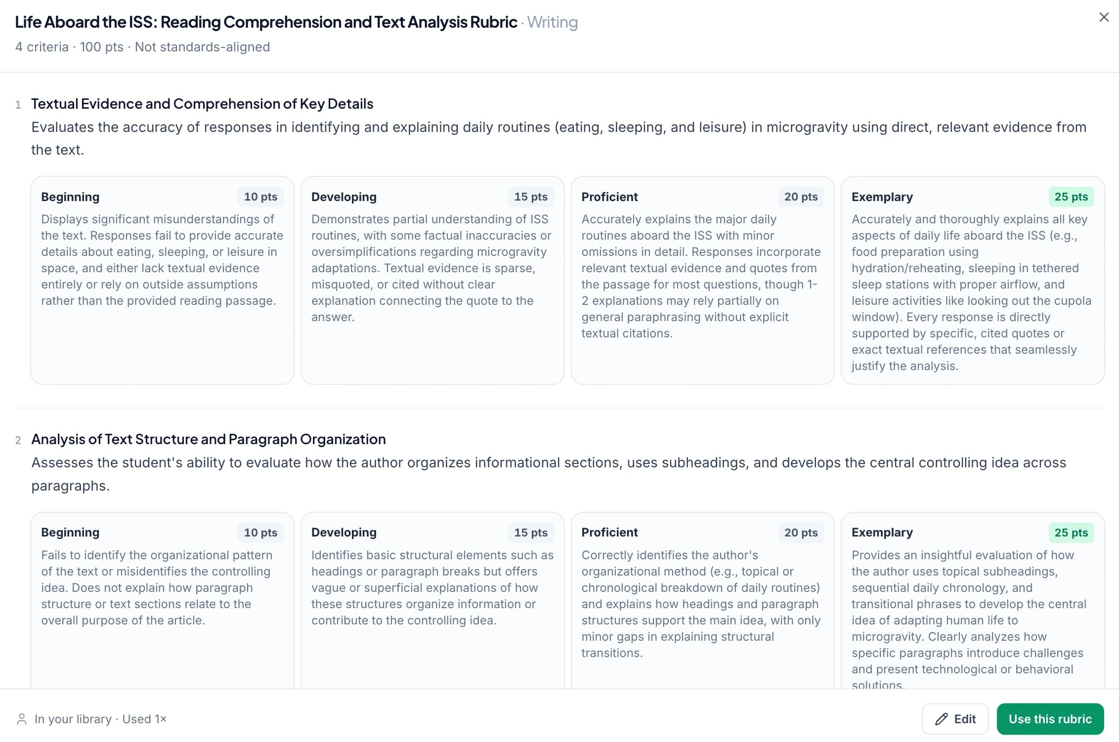 A full rubric preview in the GradingPal library — criteria, levels and points legible, with Use this rubric available.