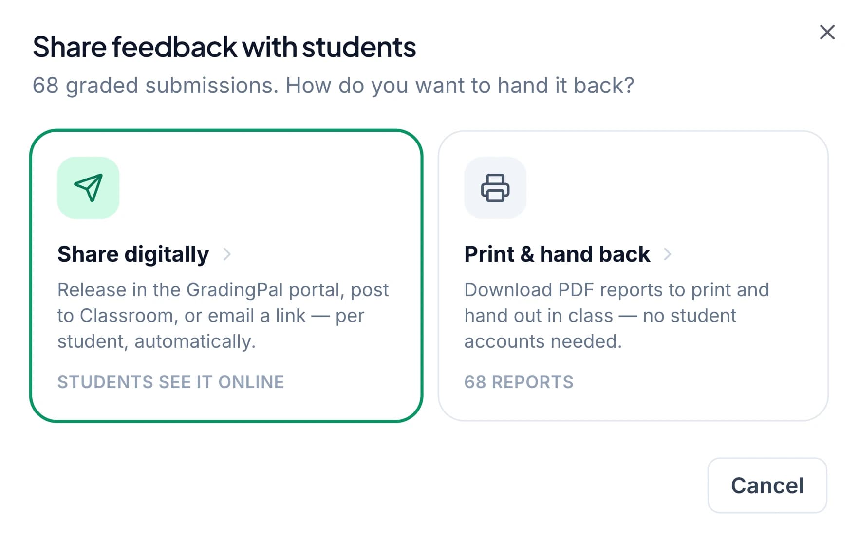 GradingPal’s share dialog asking how to hand back 18 graded submissions, with the digital and print options side by side.