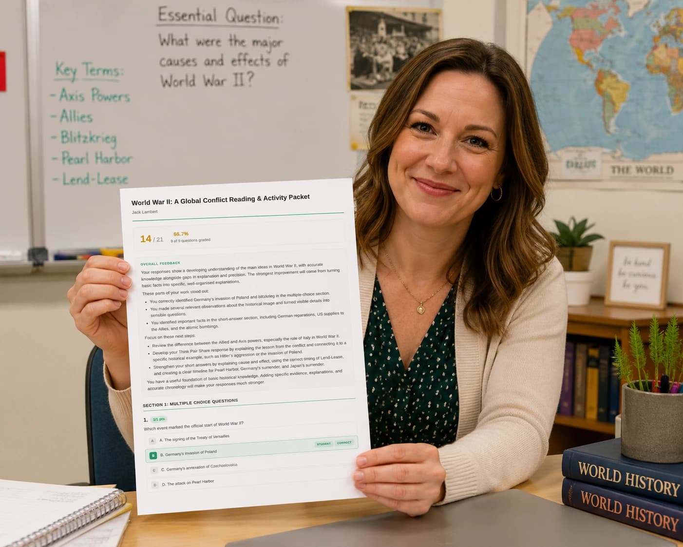 A printed GradingPal student report on a desk, showing the overall feedback and the rubric detail.
