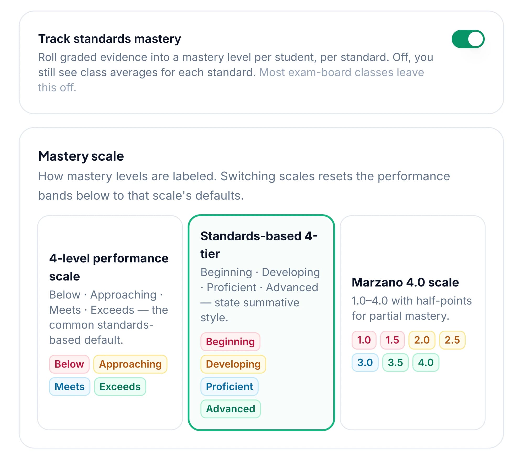 The ‘Track standards mastery’ toggle in GradingPal, showing the note that most exam-board classes leave it off.