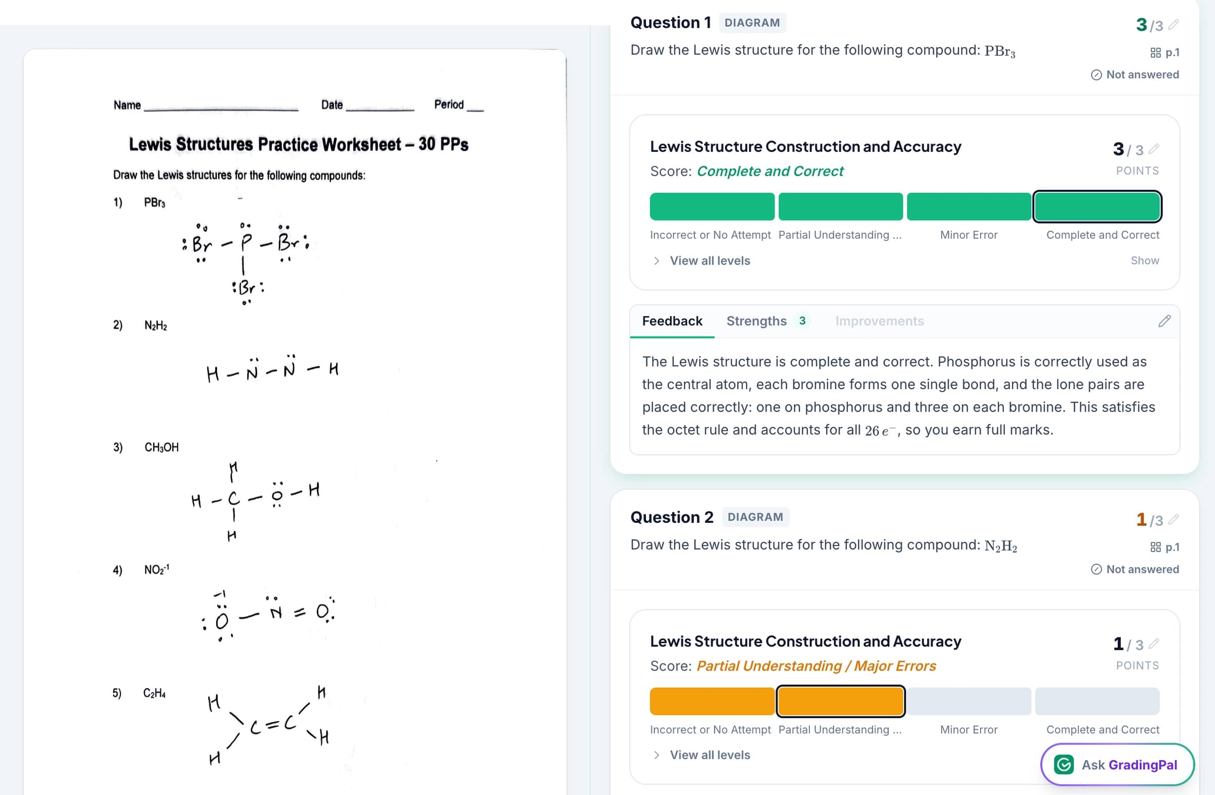 A scanned maths worksheet in GradingPal, scrolled to question 7 with the answer highlighted and its four tabs — feedback, score, strengths, improvements — open beside it.