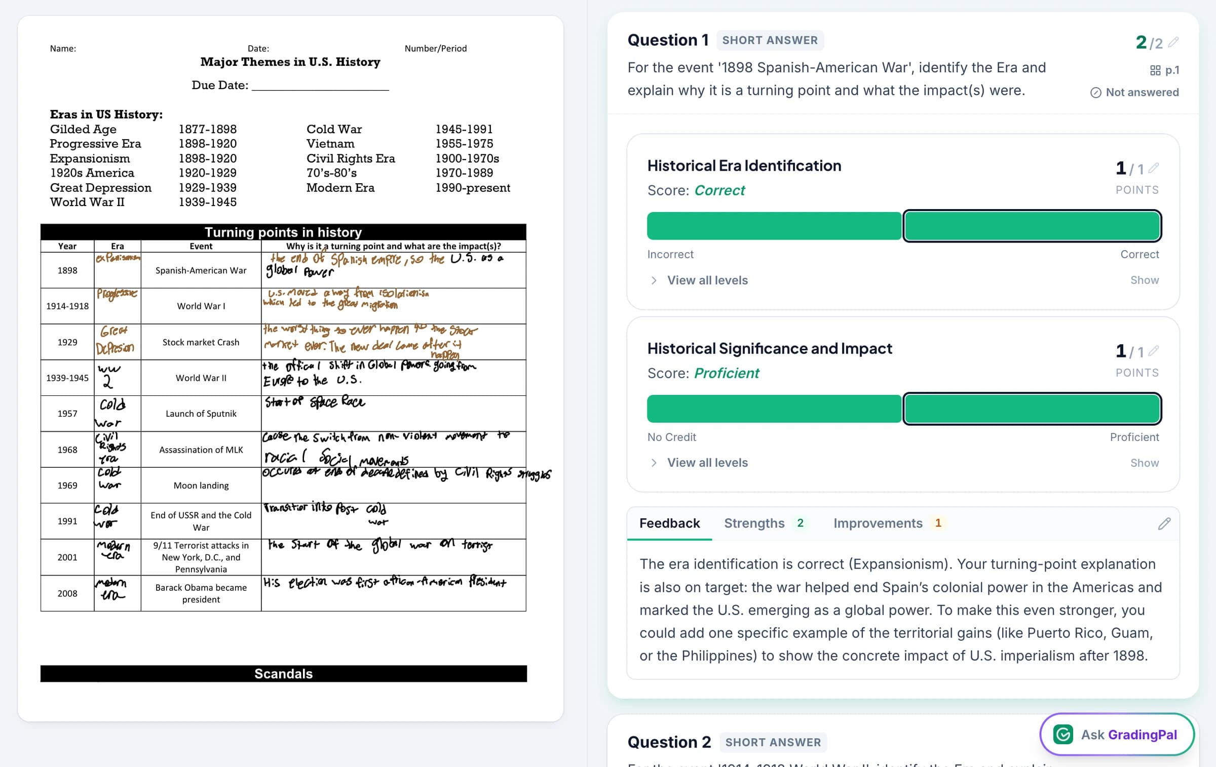 Multi-step working on a scanned worksheet with the step that went wrong identified and the comment sitting beside it.