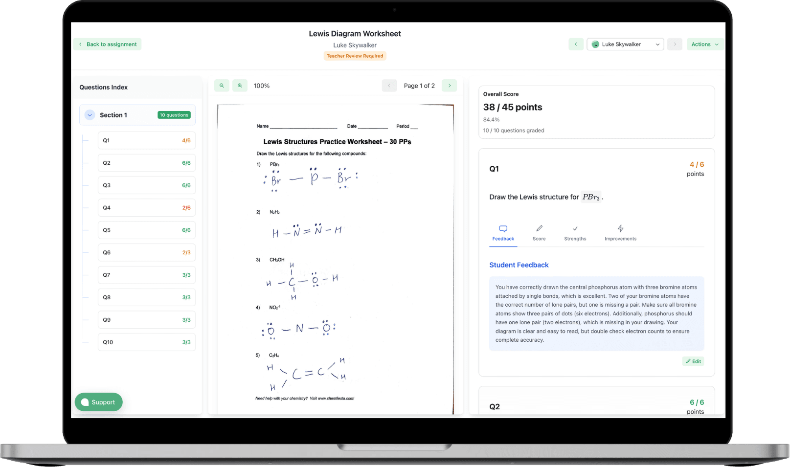 GradingPal grading a chemistry worksheet with detailed feedback